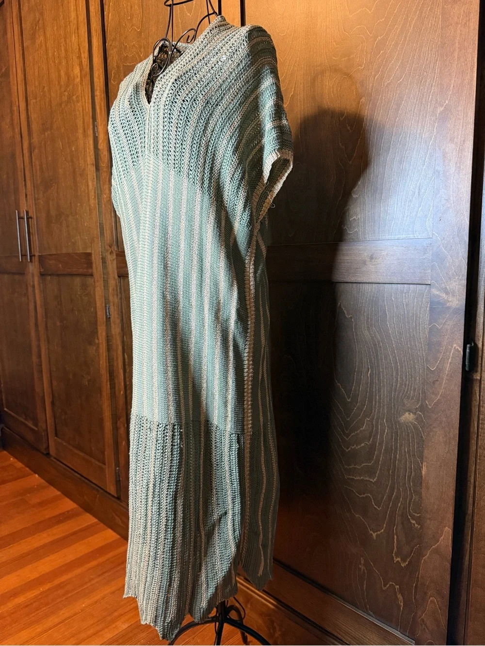Knit V-Neck Stripe Swim Coverup in Sage and Cream